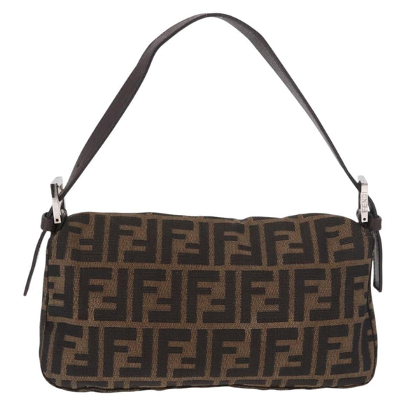 FENDI Zucca Canvas Mamma Baguette Shoulder Bag Black Brown Silver Auth 189252SAM