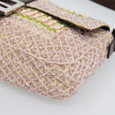 FENDI Mamma Baguette Shoulder Bag Canvas Beads Beige Silver Auth 189253SM-14