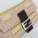 FENDI Mamma Baguette Shoulder Bag Canvas Beads Beige Silver Auth 189253SM-18