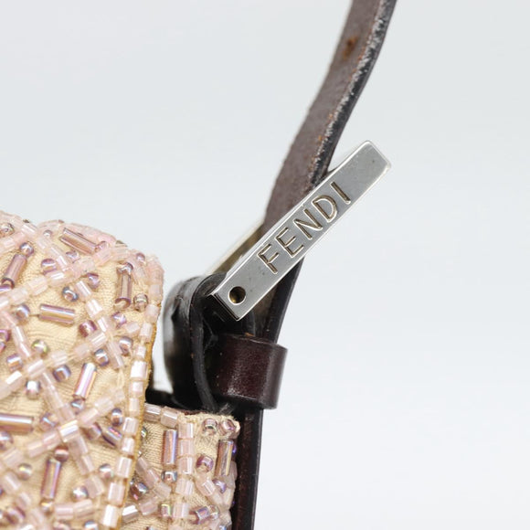 FENDI Mamma Baguette Shoulder Bag Canvas Beads Beige Silver Auth 189253SM