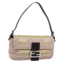 FENDI Mamma Baguette Shoulder Bag Canvas Beads Beige Silver Auth 189253SM-1