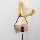 FENDI Mamma Baguette Shoulder Bag Canvas Beads Beige Silver Auth 189253SM-25