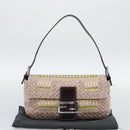 FENDI Mamma Baguette Shoulder Bag Canvas Beads Beige Silver Auth 189253SM-12