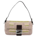 FENDI Mamma Baguette Shoulder Bag Canvas Beads Beige Silver Auth 189253SM-13