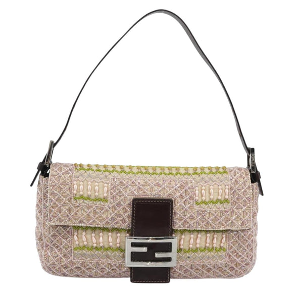 FENDI Mamma Baguette Shoulder Bag Canvas Beads Beige Silver Auth 189253SM