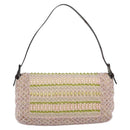 FENDI Mamma Baguette Shoulder Bag Canvas Beads Beige Silver Auth 189253SM-2