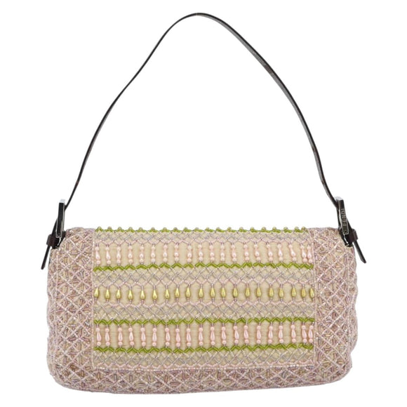 FENDI Mamma Baguette Shoulder Bag Canvas Beads Beige Silver Auth 189253SM