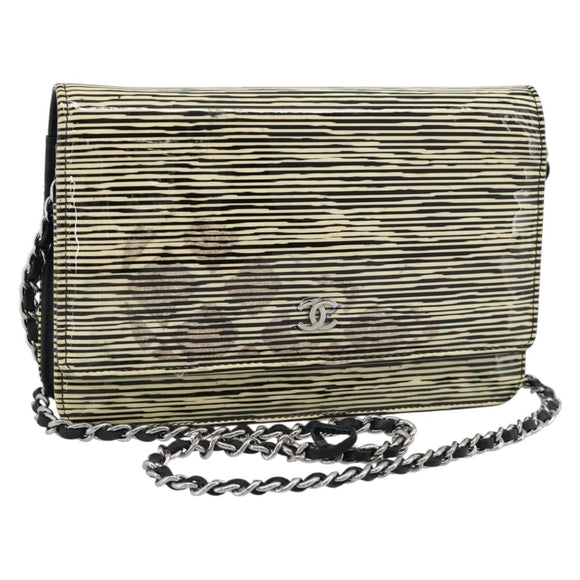 CHANEL COCO Mark Chain Wallet Shoulder Bag Patent White Black CC Auth 189255A
