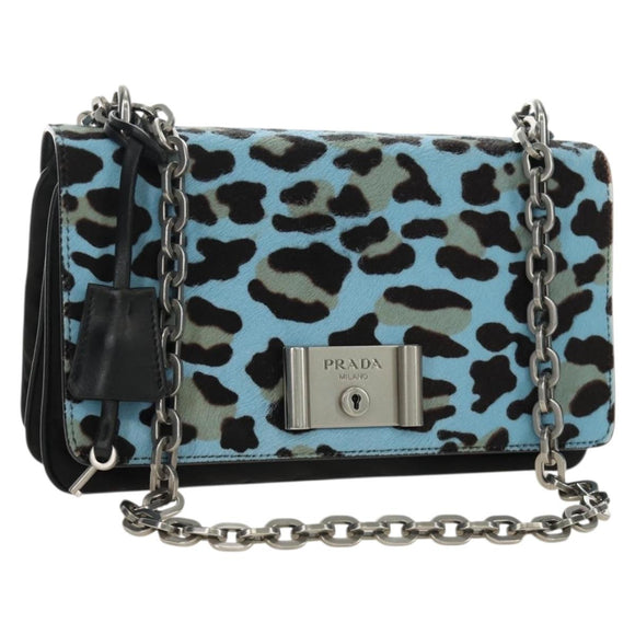 PRADA Chain Shoulder Bag Unborn Calf Skin Light Blue Silver Auth 189257V