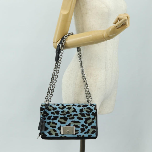 PRADA Chain Shoulder Bag Unborn Calf Skin Light Blue Silver Auth 189257V