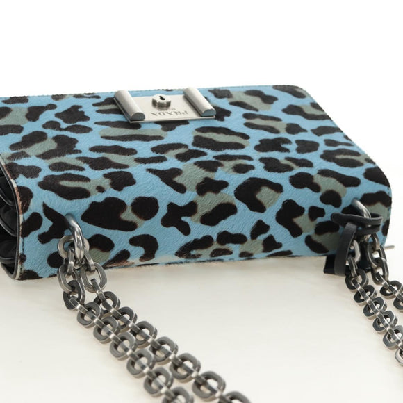 PRADA Chain Shoulder Bag Unborn Calf Skin Light Blue Silver Auth 189257V