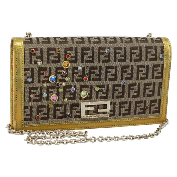 FENDI Zucchino Canvas Chain Wallet Shoulder Bag Beige Gold Auth 189259V