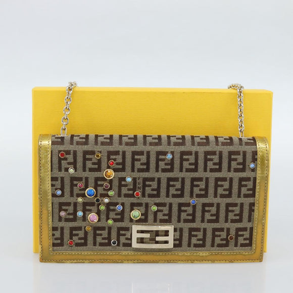 FENDI Zucchino Canvas Chain Wallet Shoulder Bag Beige Gold Auth 189259V