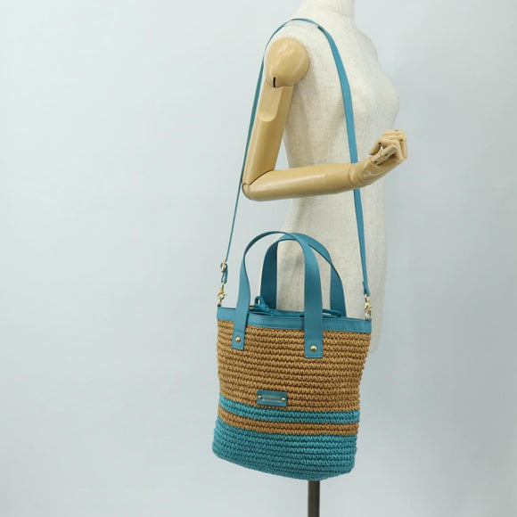 BURBERRY Blue Label Hand Bag Raffia 2way Blue Gold Auth 189264A