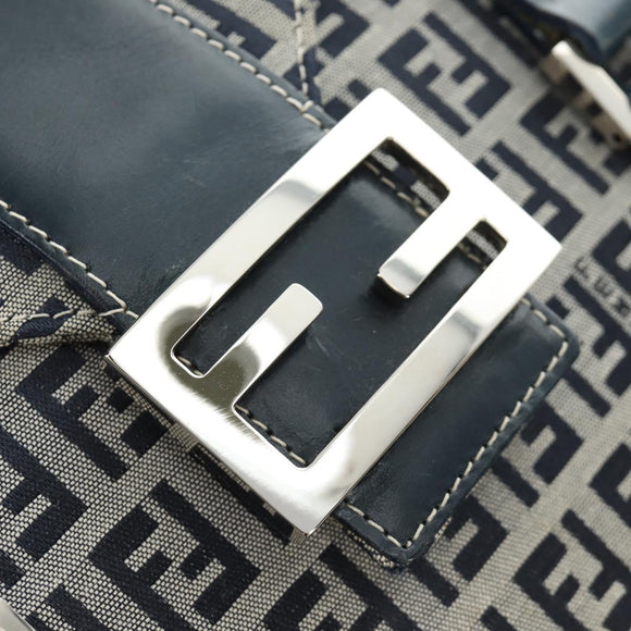 FENDI Zucchino Canvas Mamma Baguette Hand Bag Navy Silver Auth 189269V
