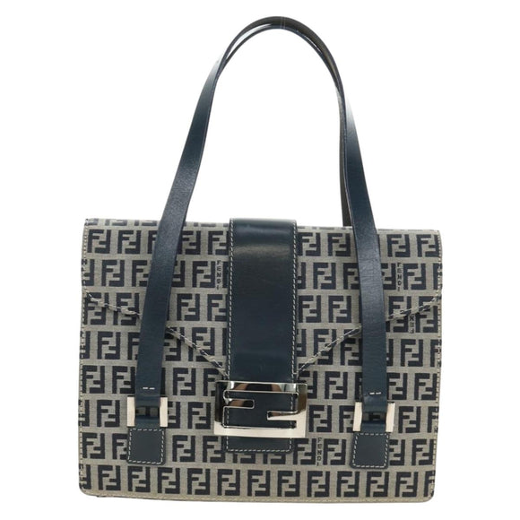 FENDI Zucchino Canvas Mamma Baguette Hand Bag Navy Silver Auth 189269V