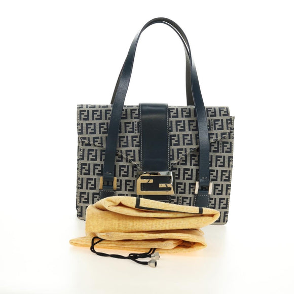 FENDI Zucchino Canvas Mamma Baguette Hand Bag Navy Silver Auth 189269V
