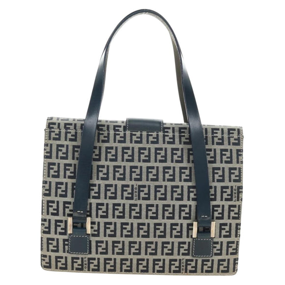 FENDI Zucchino Canvas Mamma Baguette Hand Bag Navy Silver Auth 189269V