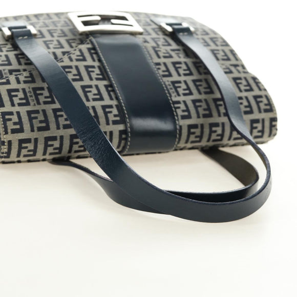 FENDI Zucchino Canvas Mamma Baguette Hand Bag Navy Silver Auth 189269V