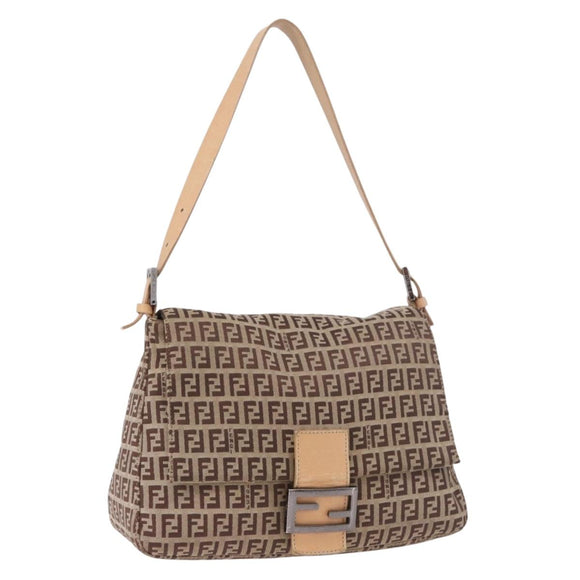 FENDI Zucchino Canvas Mamma Baguette Shoulder Bag Beige Silver Auth 189270A
