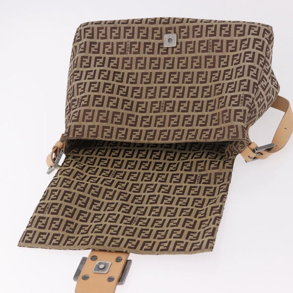 FENDI Zucchino Canvas Mamma Baguette Shoulder Bag Beige Silver Auth 189270A