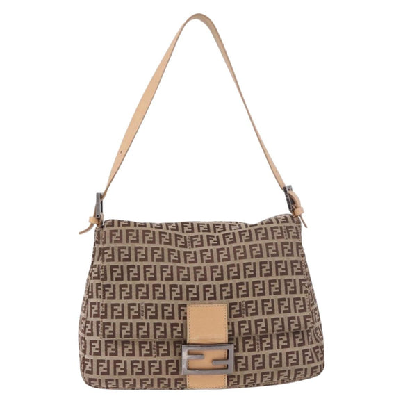 FENDI Zucchino Canvas Mamma Baguette Shoulder Bag Beige Silver Auth 189270A
