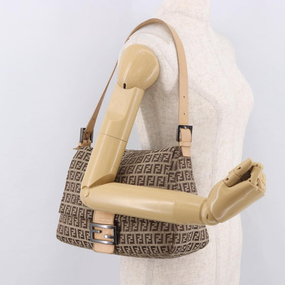 FENDI Zucchino Canvas Mamma Baguette Shoulder Bag Beige Silver Auth 189270A