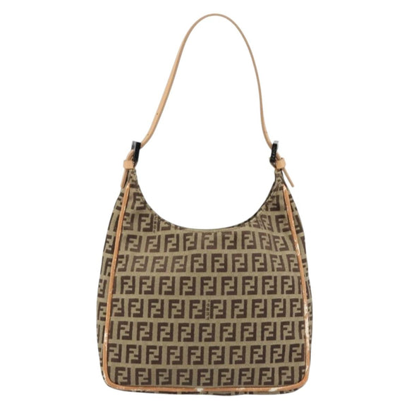 FENDI Zucchino Canvas Shoulder Bag Beige Auth 189271