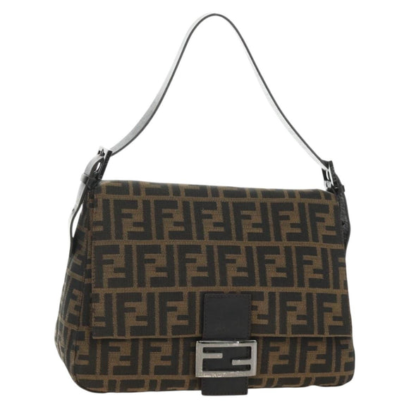 FENDI Zucca Canvas Mamma Baguette Shoulder Bag Black Brown Auth 189272V