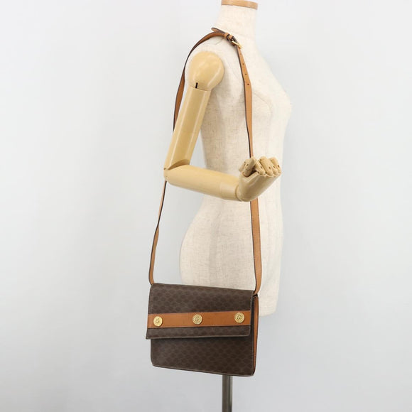CELINE Macadam Canvas Medallion Shoulder Bag PVC Leather Brown Gold Auth 189300