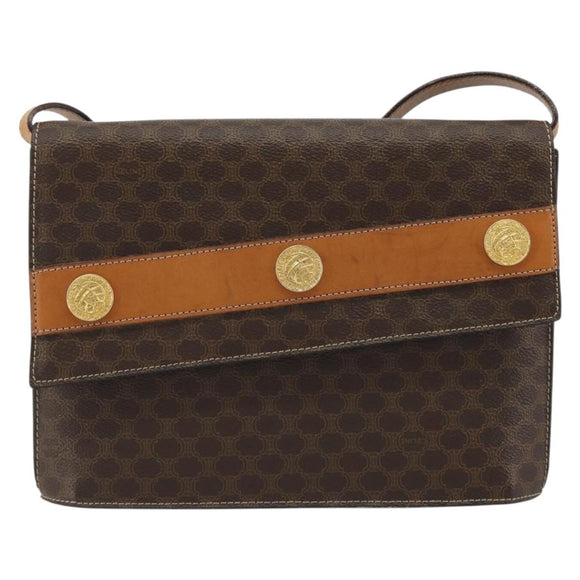 CELINE Macadam Canvas Medallion Shoulder Bag PVC Leather Brown Gold Auth 189300