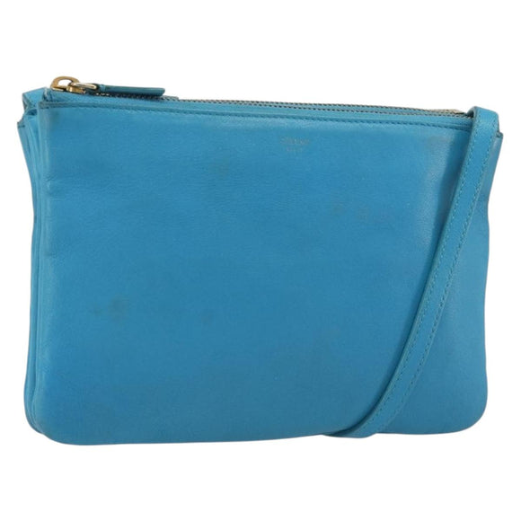 CELINE Trio Shoulder Bag Leather Light Blue Gold Auth 189302