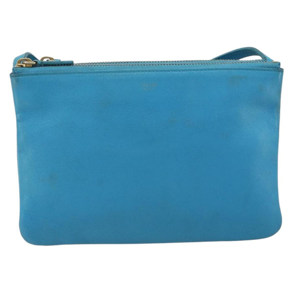 CELINE Trio Shoulder Bag Leather Light Blue Gold Auth 189302