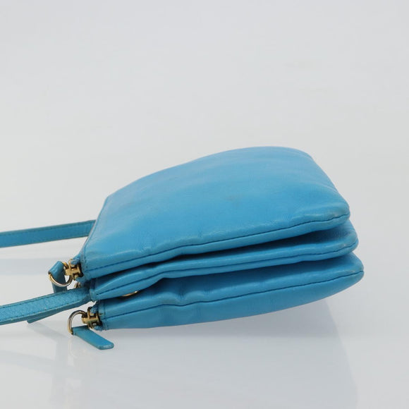 CELINE Trio Shoulder Bag Leather Light Blue Gold Auth 189302