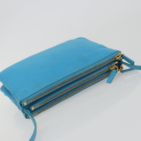 CELINE Trio Shoulder Bag Leather Light Blue Gold Auth 189302
