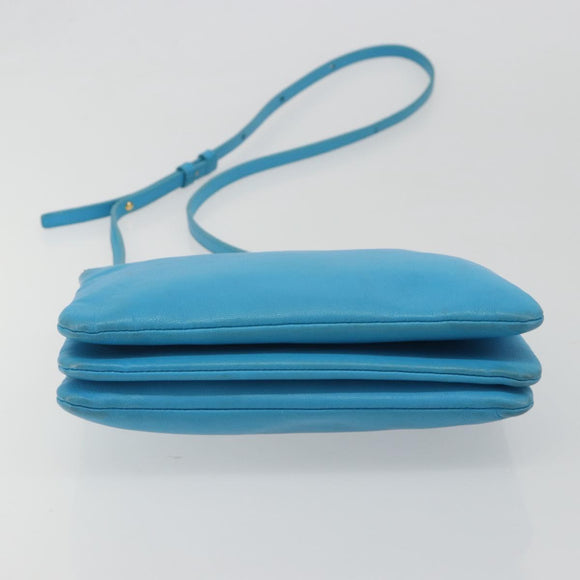 CELINE Trio Shoulder Bag Leather Light Blue Gold Auth 189302