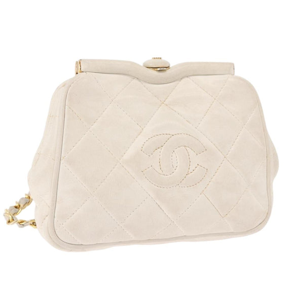 CHANEL Chain Belt Waist Bag Lamb Skin White Gold CC Auth 189310A