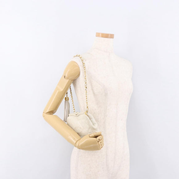 CHANEL Chain Belt Waist Bag Lamb Skin White Gold CC Auth 189310A