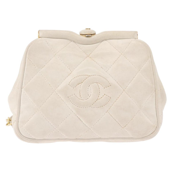 CHANEL Chain Belt Waist Bag Lamb Skin White Gold CC Auth 189310A