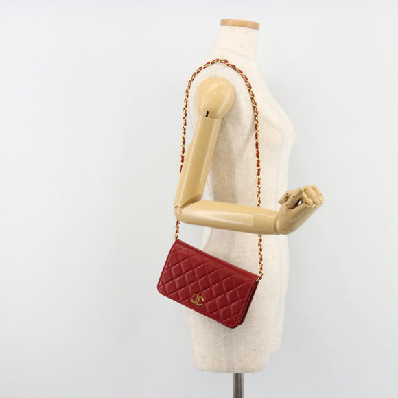 CHANEL Matelassé Schouderkettingtas Lamsleer Rood Goud CC Auth 189311