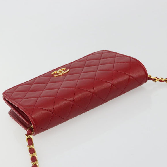 CHANEL Matelassé Schouderkettingtas Lamsleer Rood Goud CC Auth 189311