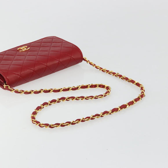 CHANEL Matelassé Schouderkettingtas Lamsleer Rood Goud CC Auth 189311