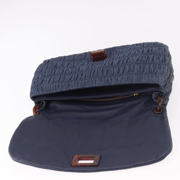 PRADA Gathered Chain Shoulder Bag Denim Blue Gold Auth 189327V