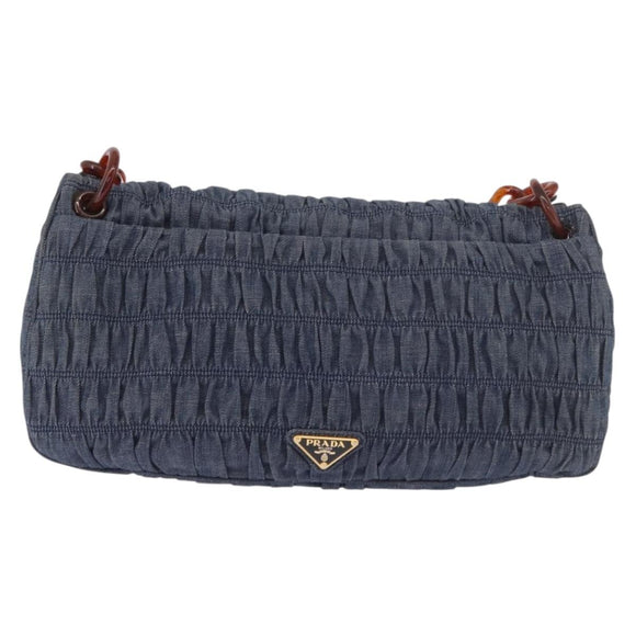 PRADA Gathered Chain Shoulder Bag Denim Blue Gold Auth 189327V