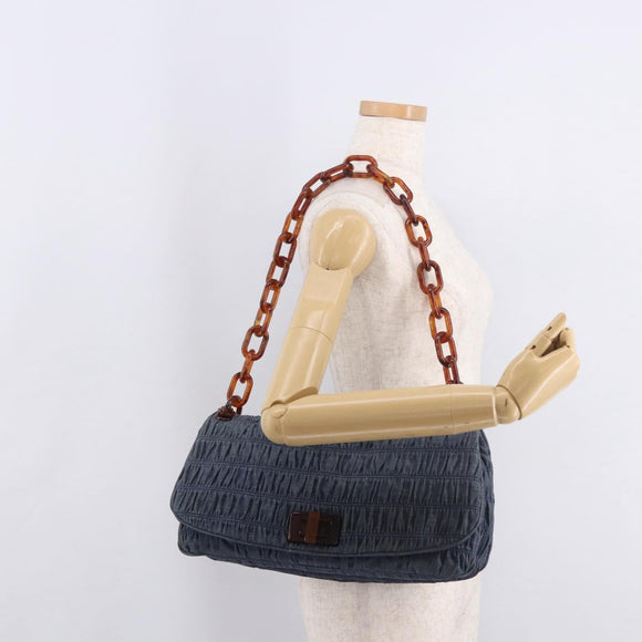 PRADA Gathered Chain Shoulder Bag Denim Blue Gold Auth 189327V