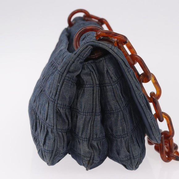 PRADA Gathered Chain Shoulder Bag Denim Blue Gold Auth 189327V