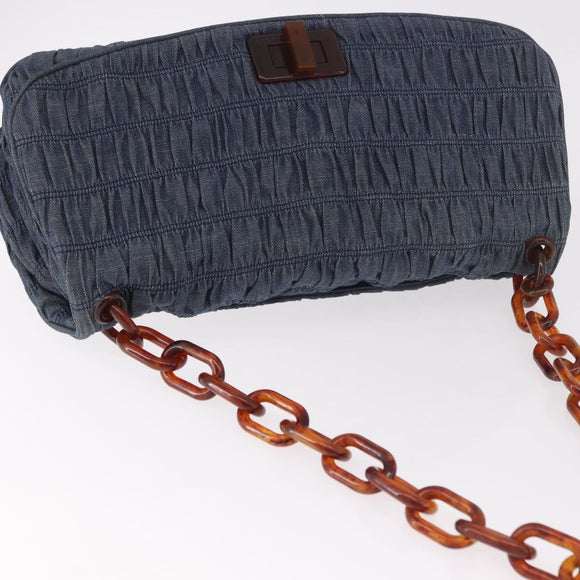 PRADA Gathered Chain Shoulder Bag Denim Blue Gold Auth 189327V