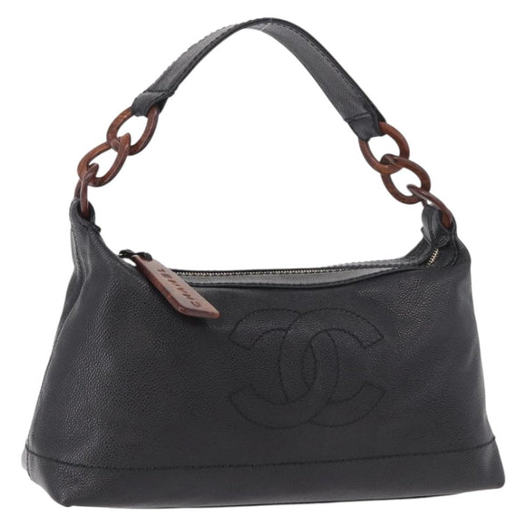 CHANEL Shoulder Bag Caviar Skin Black Gold CC Auth 189329SAM