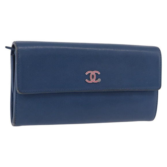 CHANEL Long Wallet Leather Blue Silver CC Auth 189356