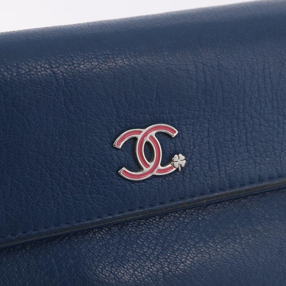 CHANEL Long Wallet Leather Blue Silver CC Auth 189356